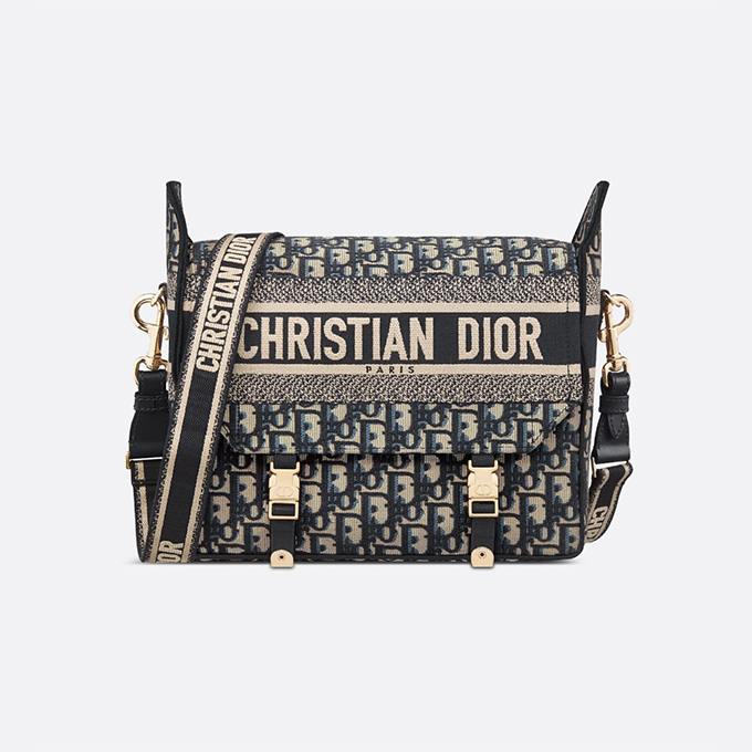 dior camp large blue oblique jacquard canvas flap messenger crossbody shoulder bag